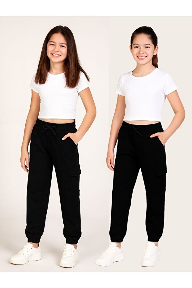 2-Piece Unisex Kids Cargo Pocket Jogger Pants with Elastic Legs – Black & Black---Crop Not Included