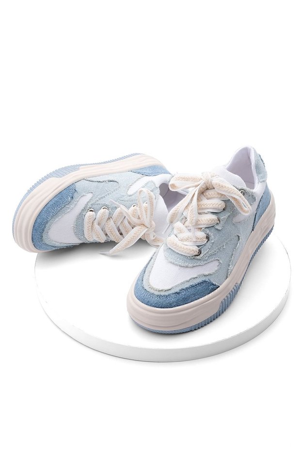 Women's High Sole Sneakers Linen Fabric Lace-Up Sports Shoes Corken Blue Denim
