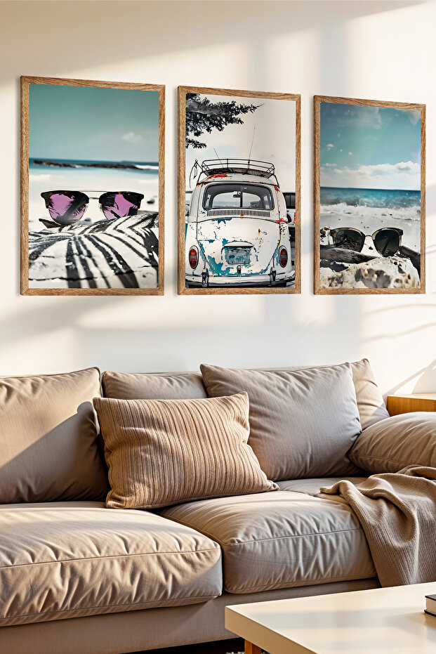 3 Piece Summer Journey Themed Wooden Frame Look Mdf Painting Set