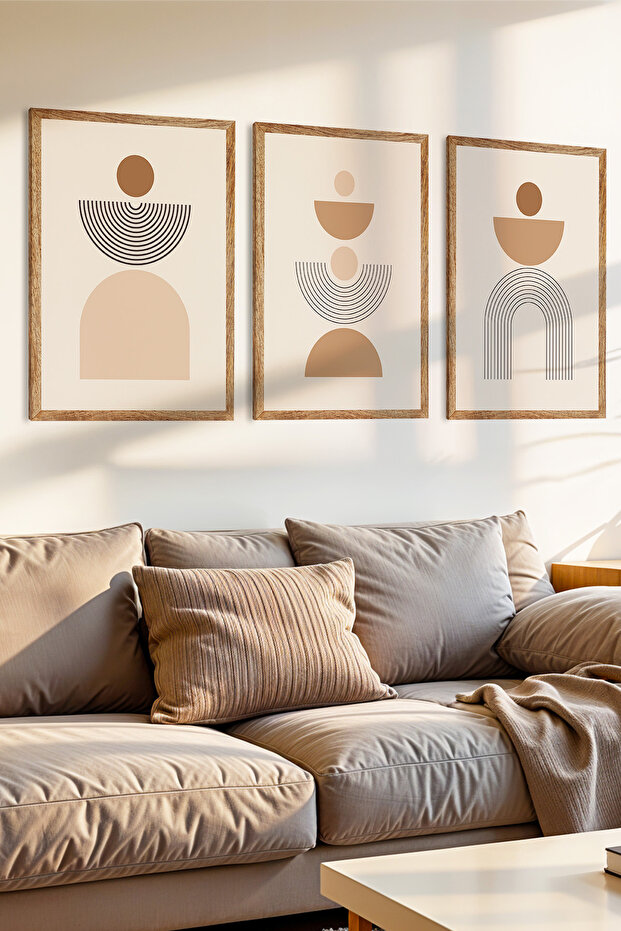 3 Piece Abstract Shapes Concept Wooden Frame Look Mdf Painting Set