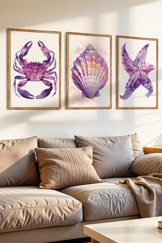 3 Piece Sea Creatures Themed Wooden Frame Look Mdf Painting Set