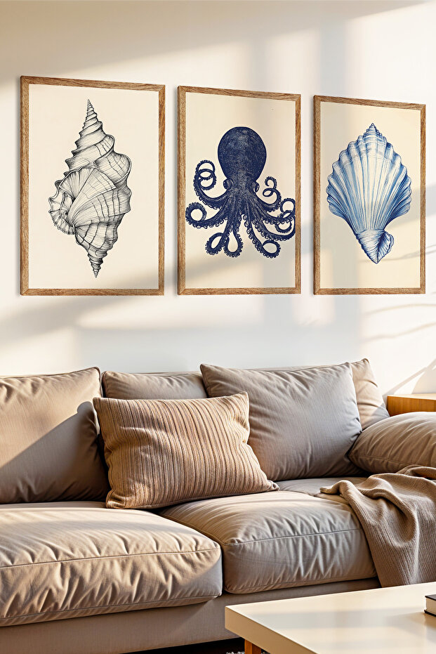 3 Piece Deep Sea Theme Wooden Frame Look Mdf Painting Set