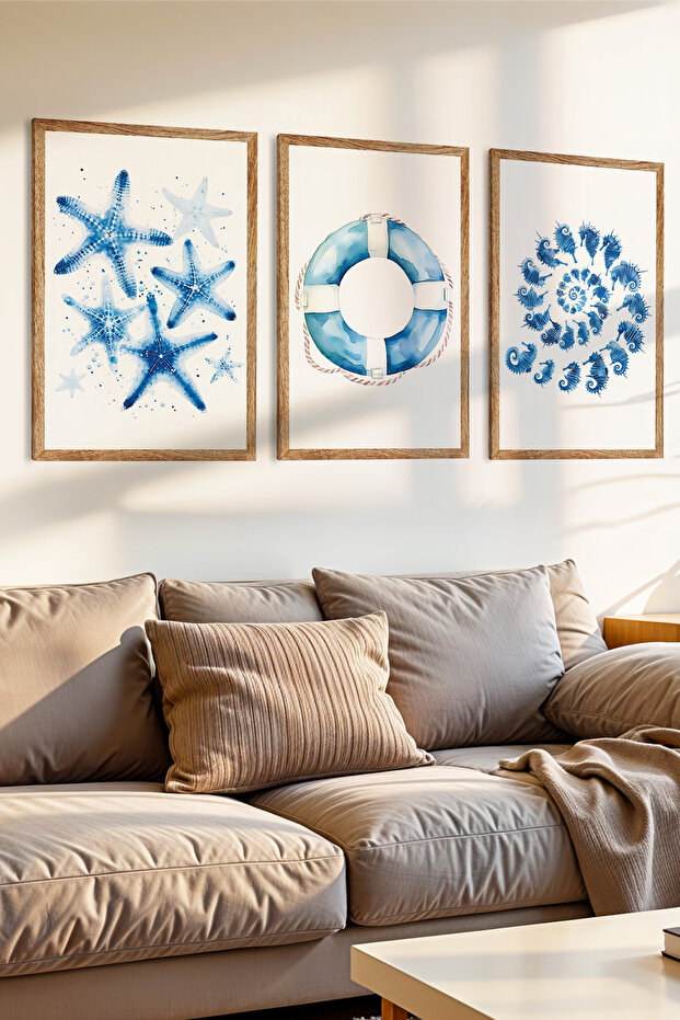 3 Piece Calm Touches of the Sea Themed Wooden Frame Look Mdf Table Set