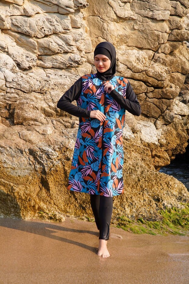 Women's Sleeves and Tights Lycra and Body Parachute Hijab Swimsuit Blue Leaf