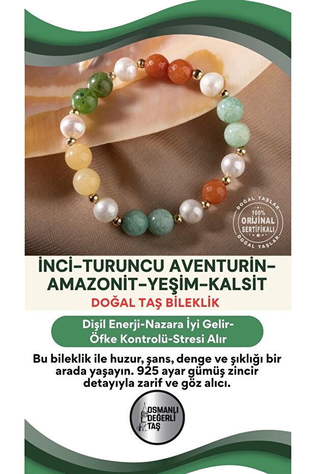 Pearl-Orange Aventurine-Amazonite-Jade-Calcite Natural Stone Silver Bracelet - 16-17cm