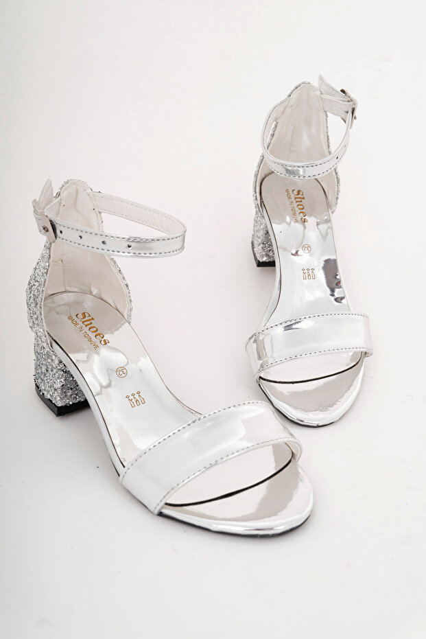 Silver Broken Glass Children's Single Strap Heeled Evening Dress Shoes