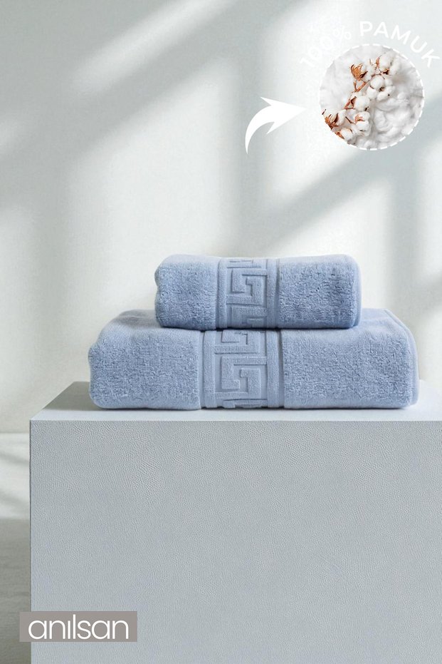 Set of 2 Blue Greek Towels 100% Cotton - 1 Hand Towel 50X90 and 1 Bath Towel 70X140