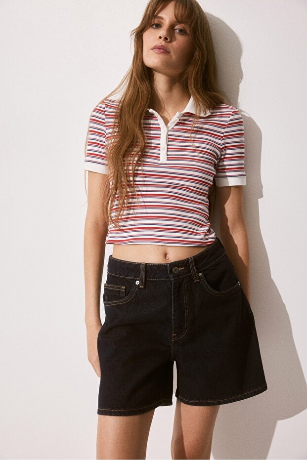 Yüksek Belli Kot Şort - 1