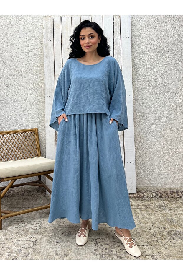 Indigo Blue Muslin Loose Blouse and Flared Skirt Set (Set of 2)