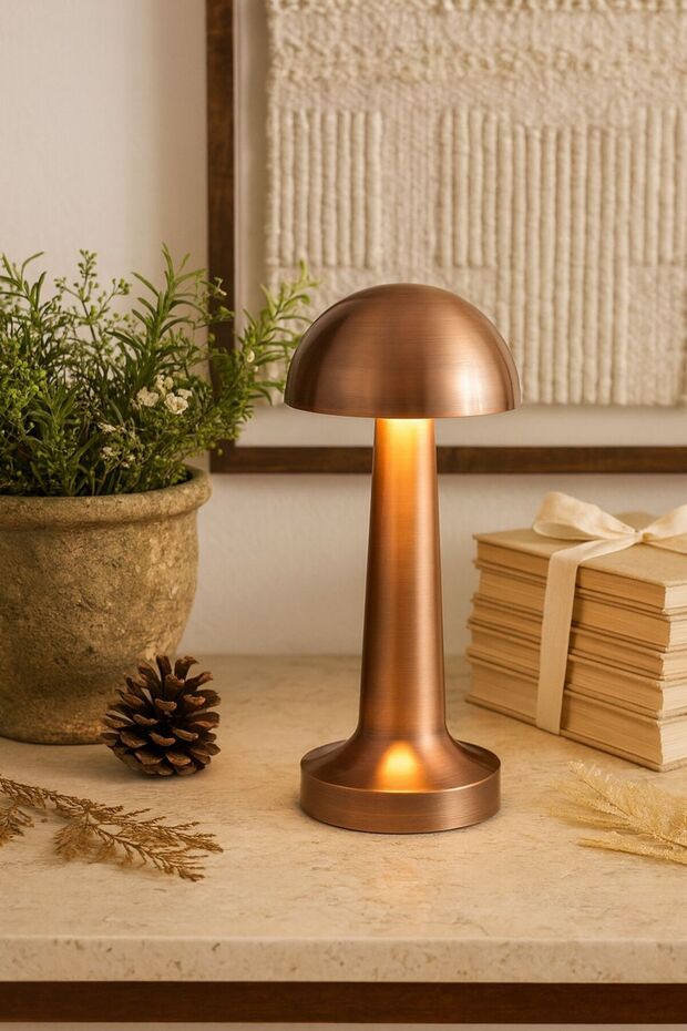 Şarjlı Bronz Renk LED Masa Lambası – Mantar Model, 3 Renk Ayarlı - 6