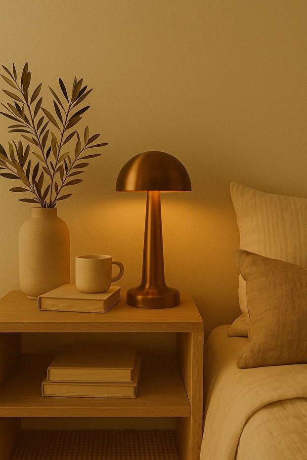 Şarjlı Bronz Renk LED Masa Lambası – Mantar Model, 3 Renk Ayarlı - 5