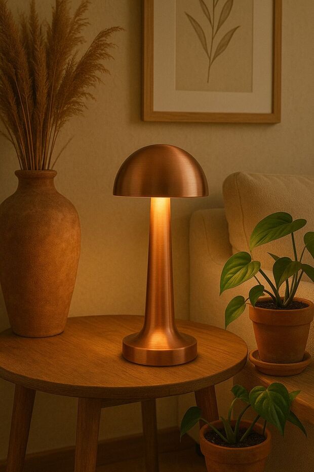 Şarjlı Bronz Renk LED Masa Lambası – Mantar Model, 3 Renk Ayarlı - 3