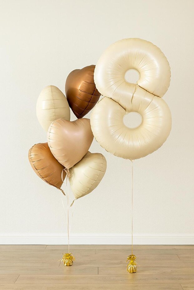 -8- Age Retro Beige Number Foil Balloon Heart Birthday Set