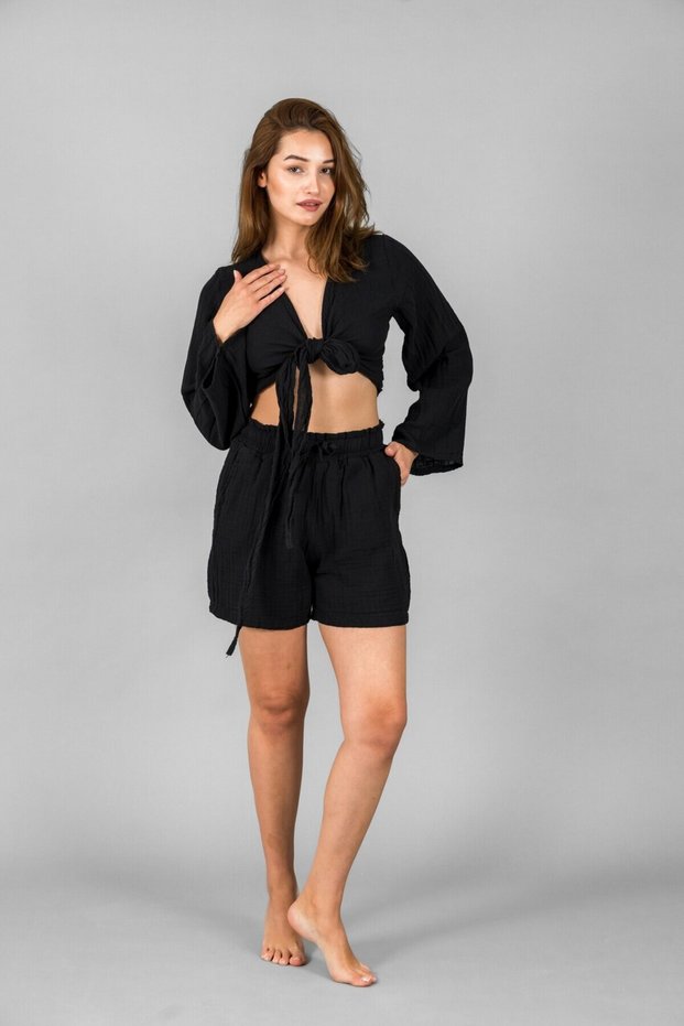Women's Shorts-Tie Detail Crop Set