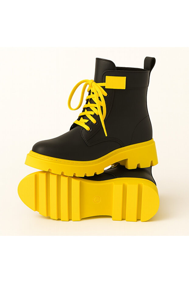 Sarı Siyah Sıcak Tutan Astarlı Chunky Kaymaz Rahat Taban Çocuk Kışlık Bot Dayanıklı Rahat - 8