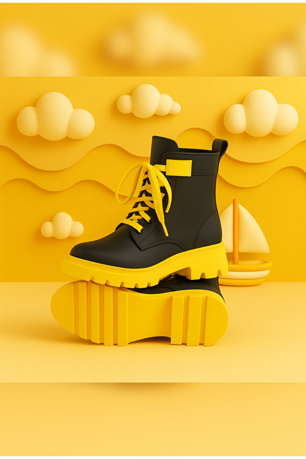 Sarı Siyah Sıcak Tutan Astarlı Chunky Kaymaz Rahat Taban Çocuk Kışlık Bot Dayanıklı Rahat - 3