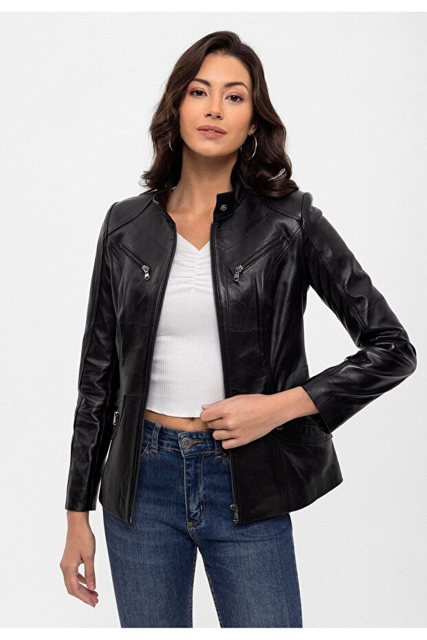 Black Maeve Women's Genuine Leather Coat with Snap Detail and Judge Collar Lining