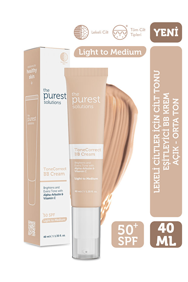 The Purest Solutions Lekeli Ciltler İçin Cilt Tonu Eşitleyici BB Krem, SPF 50+ 40 ml – Açık / Orta Ton