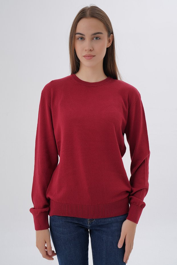 Burgundy 100% Organic Cotton Crew Neck Knitwear Sweater Blouse Trist-6101