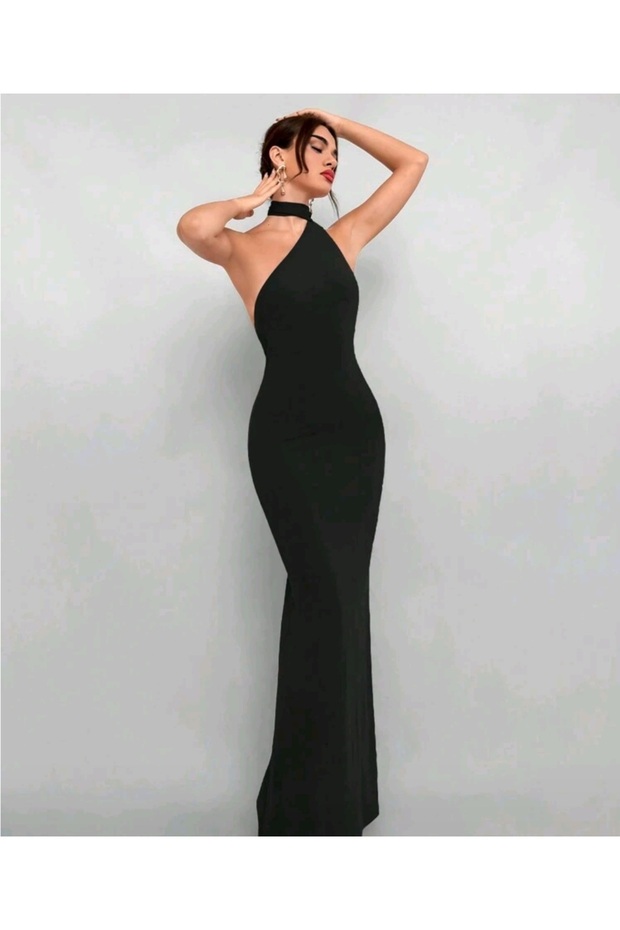 One Shoulder Back to Waist V-Cut Back Mid Gathered Slit Long Fish Dress