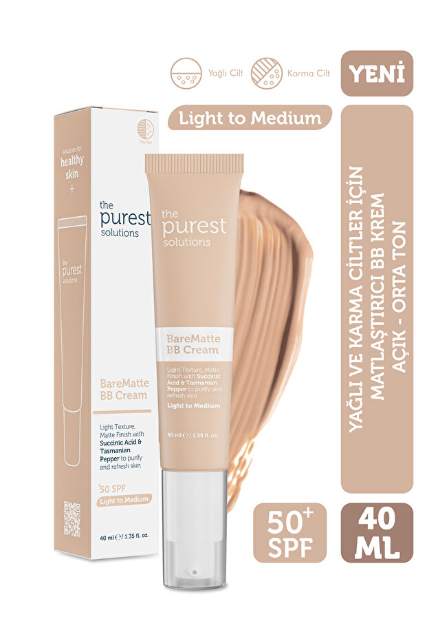 The Purest Solutions Yağlı ve Karma Ciltler İçin Matlaştırıcı BB Krem, SPF 50 + 40 ml – Açık / Orta Ton