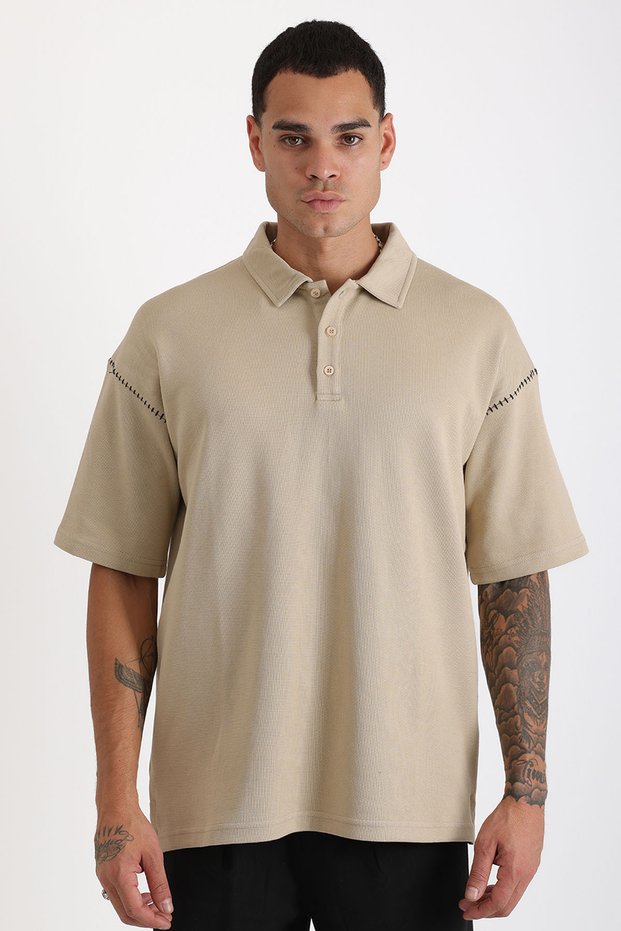 Shoulder Shepherd Stitch Detail Double Pique Fabric Loose Fit Men's Polo Neck T-Shirt