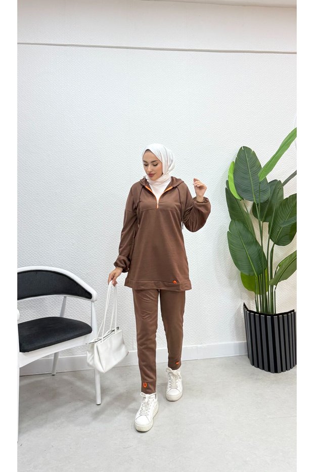 Neon Zippered Hooded Tracksuit Set TRN2040-1 Brown