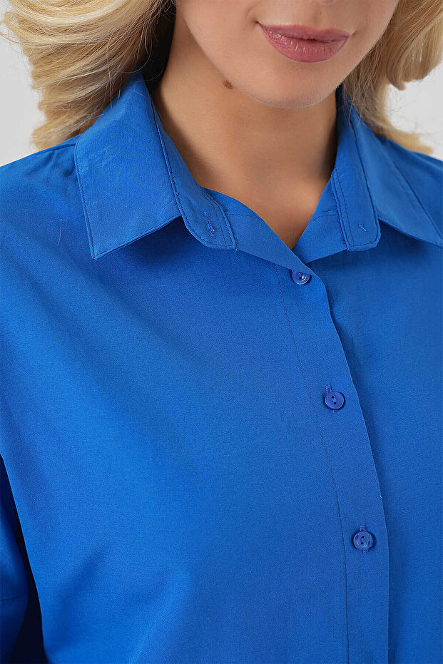 Oversize Uzun Basic Saks Kadın Gömlek 3900 - 6