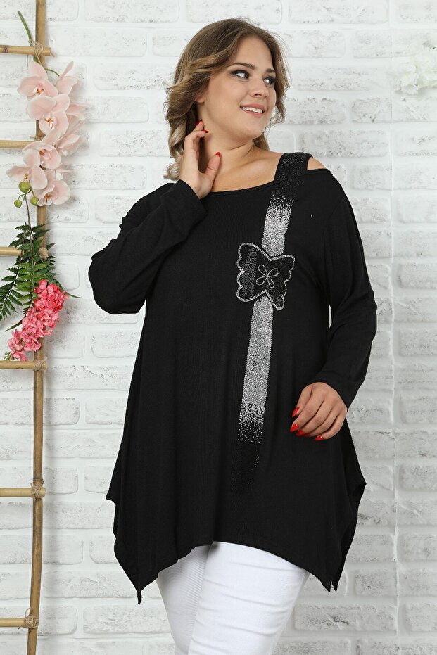 Women's Black Shoulder Detailed Front Butterfly Stone Embroidered Long Sleeve Tunic