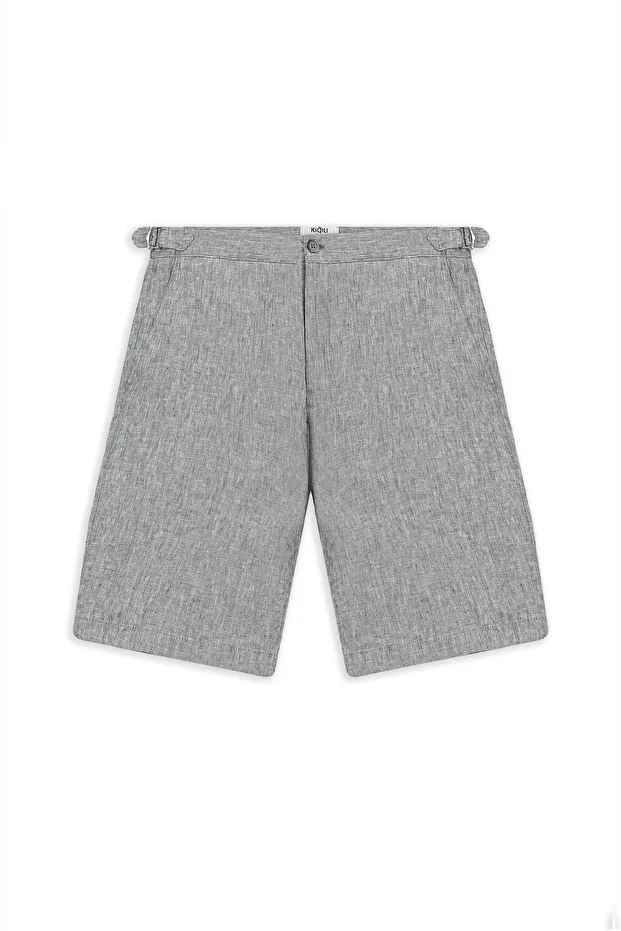 Regular Fit Tokalı Keten Bermuda Şort - 1