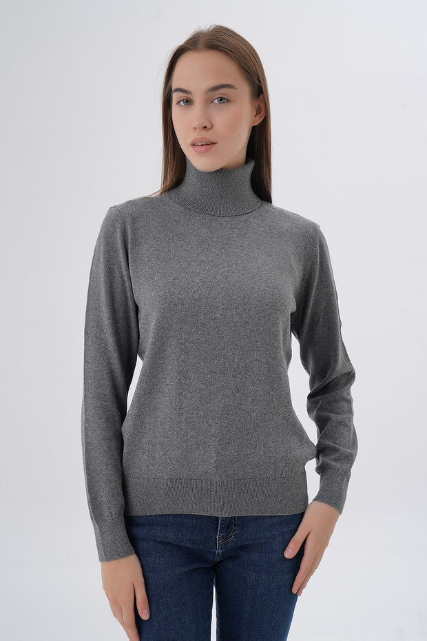 Dark Gray 100% Organic Cotton Turtleneck Knitwear Sweater Knitted Blouse