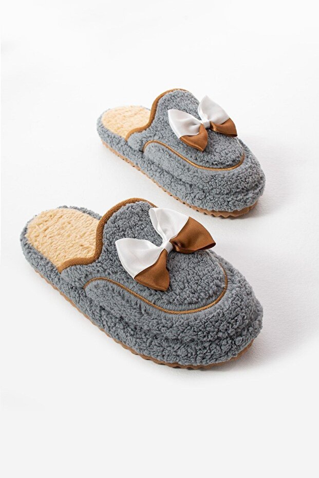 Gri Papyon Kışlık Kadın Terlik - 8