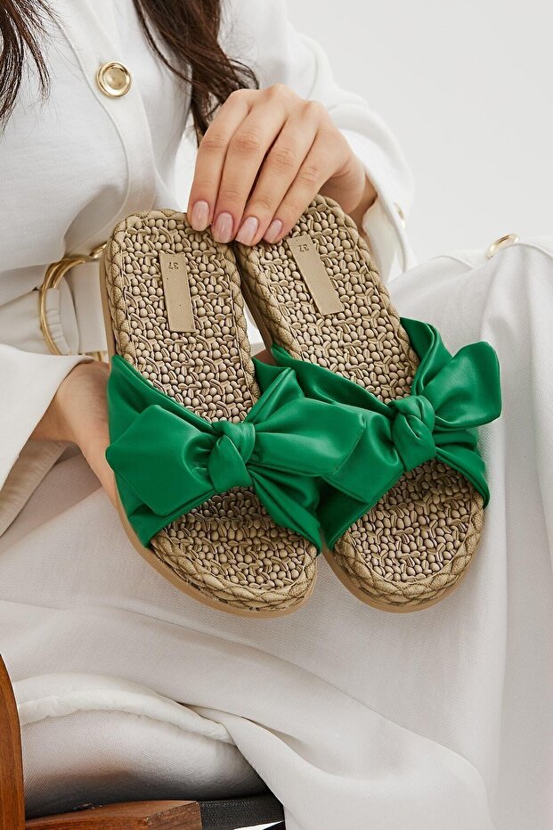Green Bowknot Women's Slippers Non-Slip Sole Pool Sea Beach Slippers (Narrow Fit)