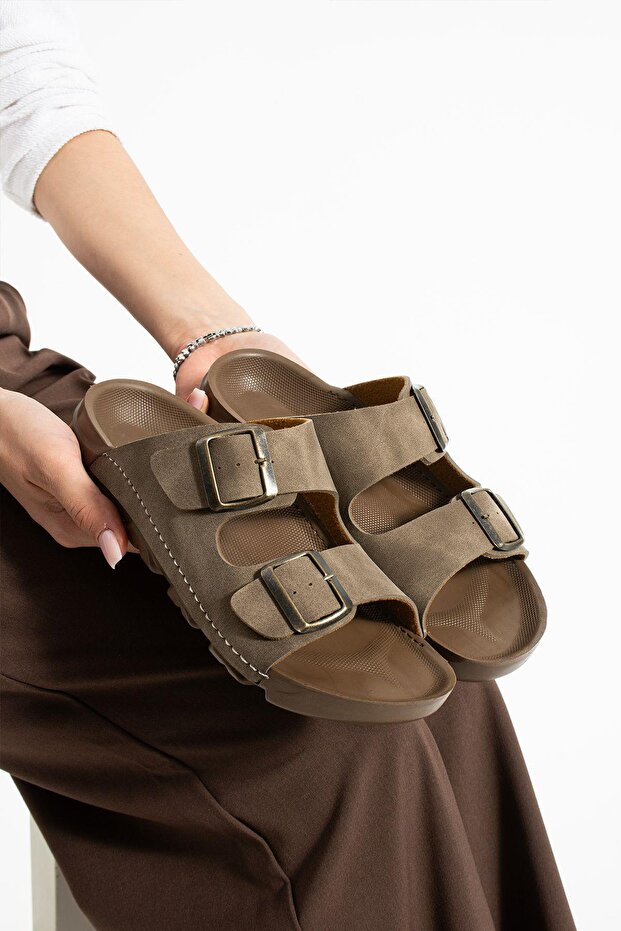 Açık Kahve Yazlık Unisex Çift Toka Yumuşak ve Hafif Terlik - 5
