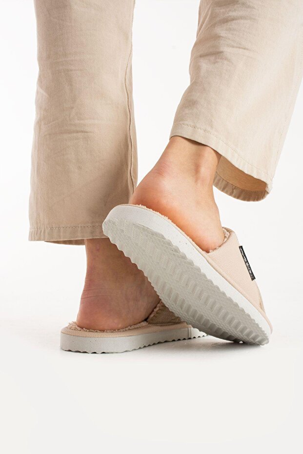 Unisex Beige Semi-Leather Wool Inside Slippers - 7