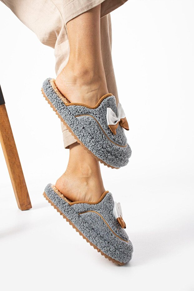 Gri Papyon Kışlık Kadın Terlik - 6