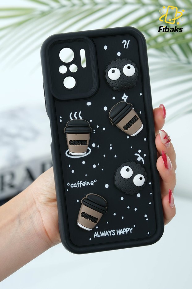 Redmi Note 10/10S Black Soft Silicone Cover with Camera Protection and Coffee Cookie Figure