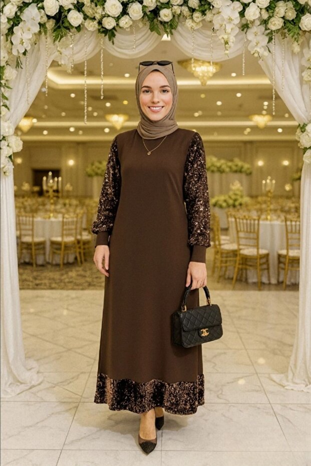 PULLU ELBİSE Kahverengi Pullu Tesettür Abiye Elbise Scuba Krep Kumaş Uzun Kollu - 1