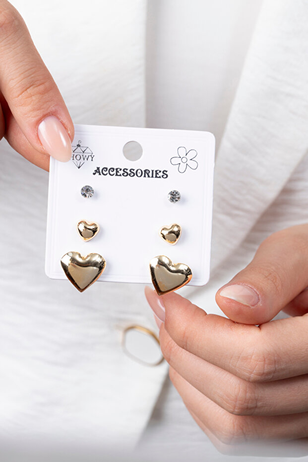 Minimal Triple Gold Heart Earring Set