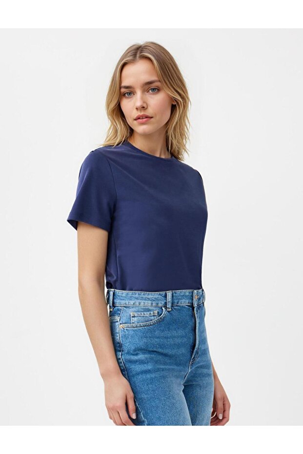 Lacivert Bisiklet Yaka Kısa Kollu Modal Örme Tişört - 4