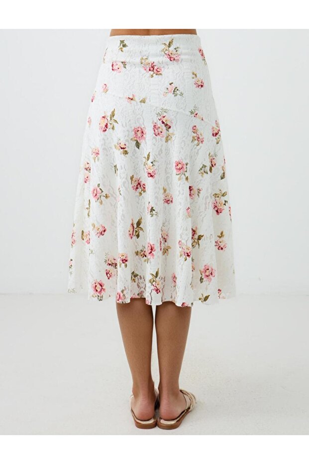 Ecru Floral Patterned Regular Waist Knitted Midi Skirt - 5