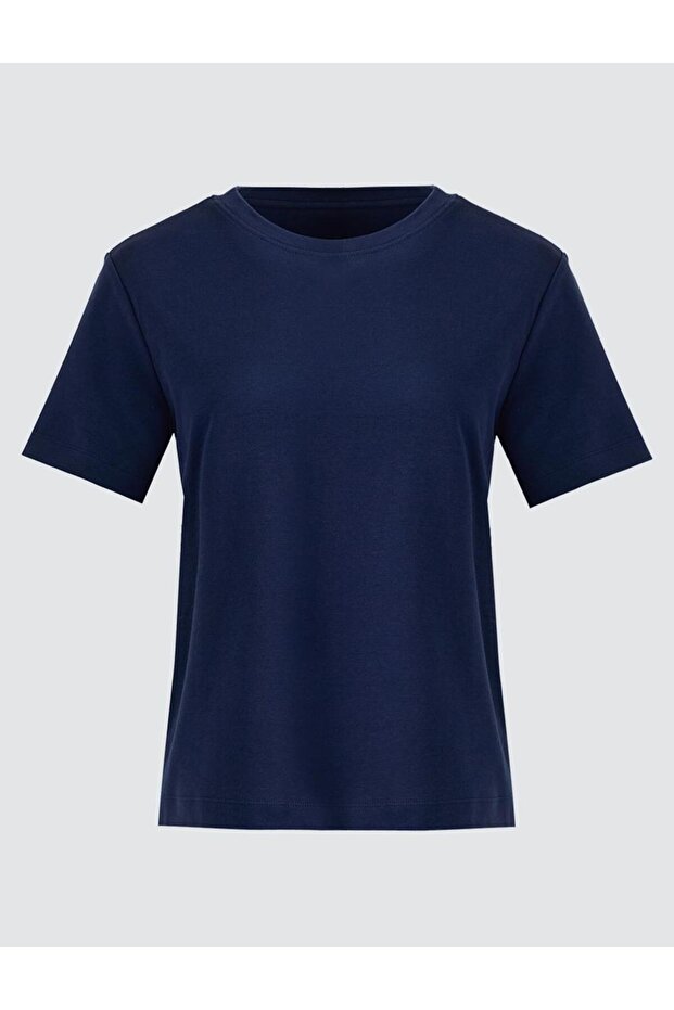 Lacivert %100 Pamuk Bisiklet Yaka Kısa Kollu Örme Tişört - 6