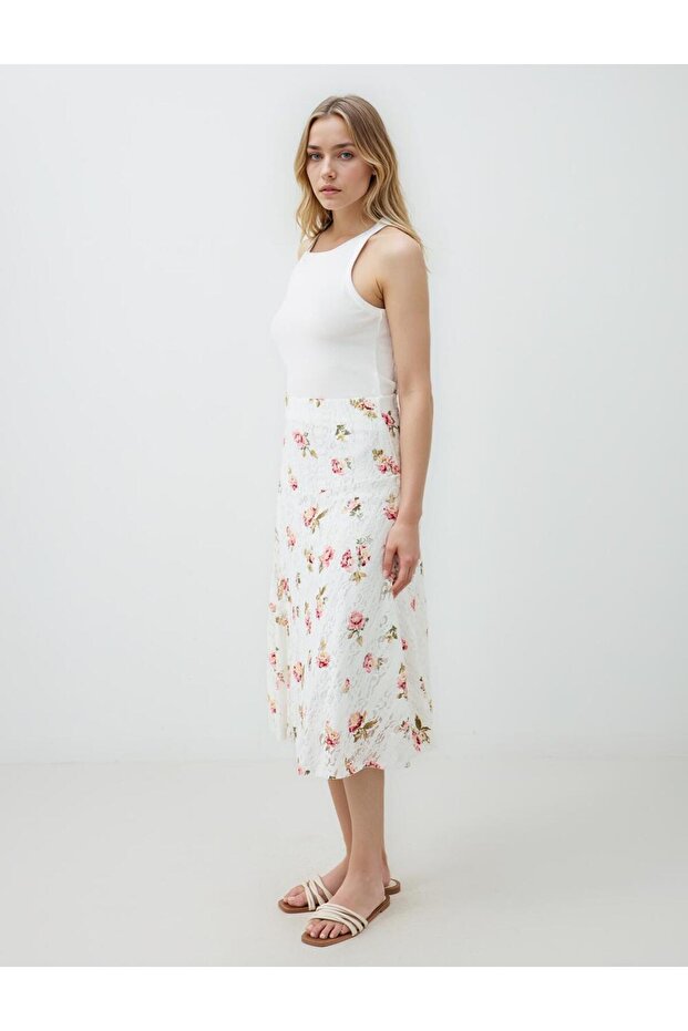 Ecru Floral Patterned Regular Waist Knitted Midi Skirt - 3