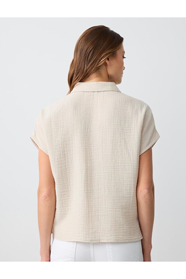 Bej Kısa Kollu Pamuklu Dokuma Gömlek - 6