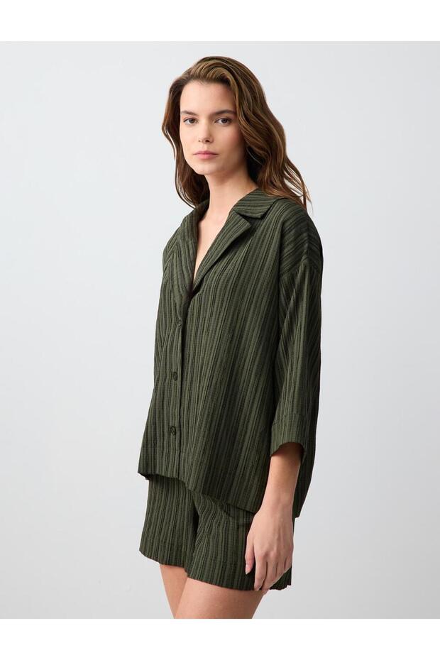 Haki Yüksek Bel Normal Paça Desenli Keten Karışımlı Şort - 3