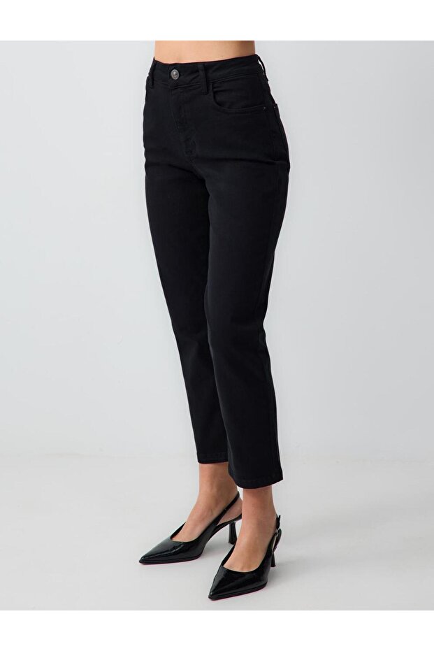 Siyah Yüksek Bel Normal Paça Denim Pantolon - 4