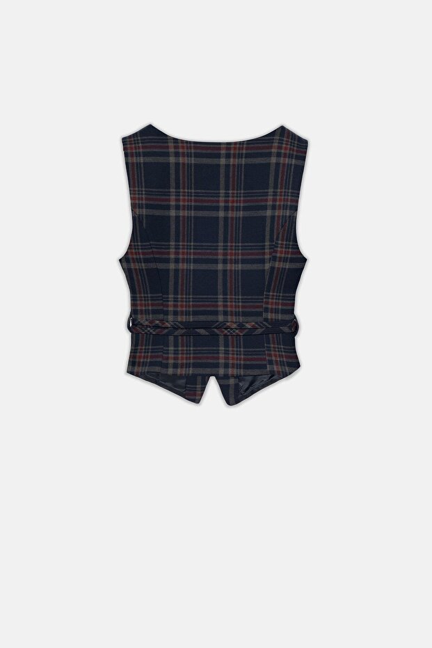 Kadın Lacivert Bağcıklı Bordo Ekoseli Yelek - 7