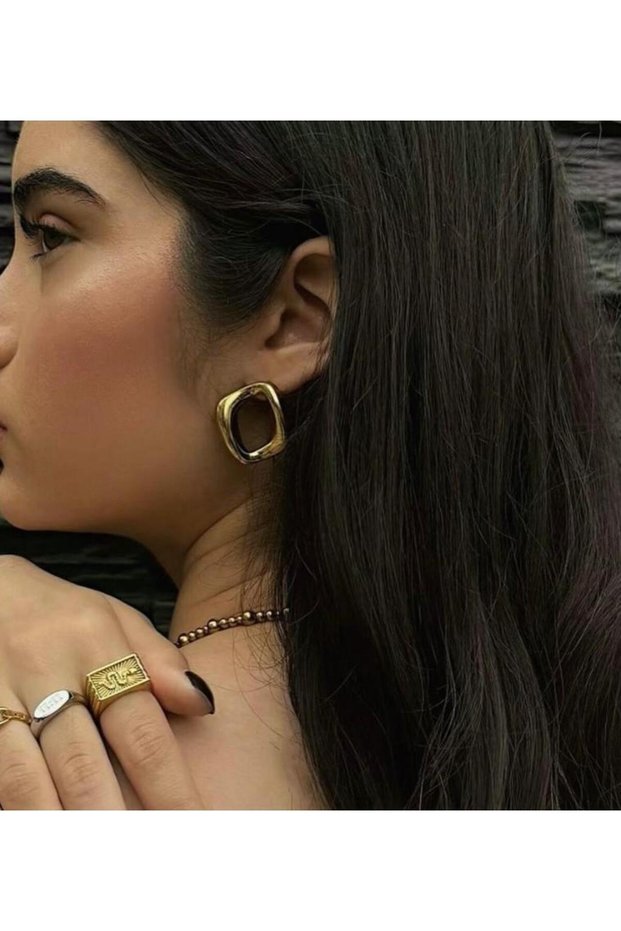 Gold Color Square Form Modern Earrings