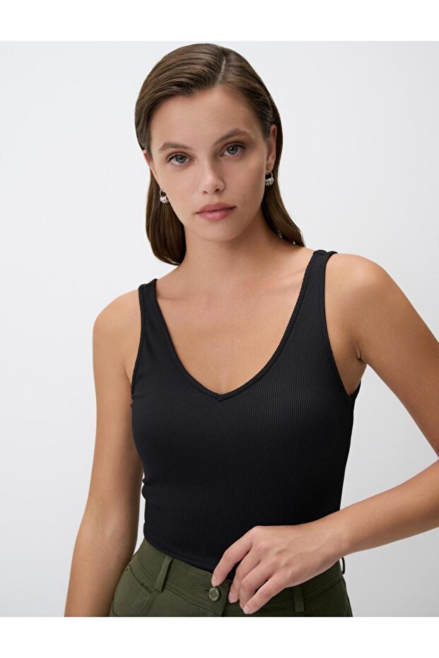 Siyah V Yaka Kolsuz Basic Örme Atlet - 5