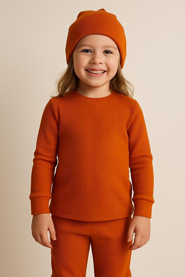 Basic Orange Hat Ribbed Tracksuit Set - 4